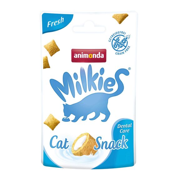animonda Milkies Katzensnack mit Milch - Knusperkissen Fresh (12 x 30g), getreidefreie Katzenleckerli Milch Katzensnacks für Erwachsene Katzen
