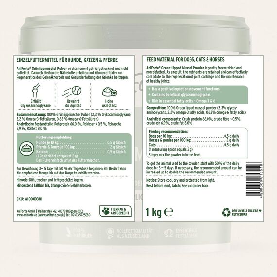 AniForte Grünlippmuschelpulver für Hunde & Pferde 1kg - Natürliches Grünlippmuschel Pulver in Vollfettqualität, Omega 3 & 6 Fettsäuren, Glycosaminoglycane 3,3%, unterstützt Gelenke & Gelenkfunktion