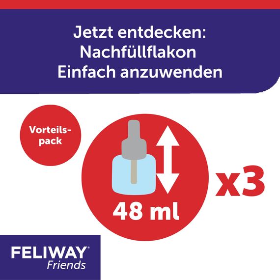 FELIWAY Friends Nachfüllflakon für Katzen | reduziert Konflikte & Spannungen wie Jagen, Kämpfen & Anstarren | reduziert Konfliktverhalten für glückliche Katzen | 3 x 48 ml (neu) (Packung mit 2)