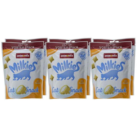 animonda Milkies Katzensnack mit Milch - Knusperkissen Harmony (6 x 120g), getreidefreie Katzenleckerli Milch Katzensnacks für Erwachsene Katzen