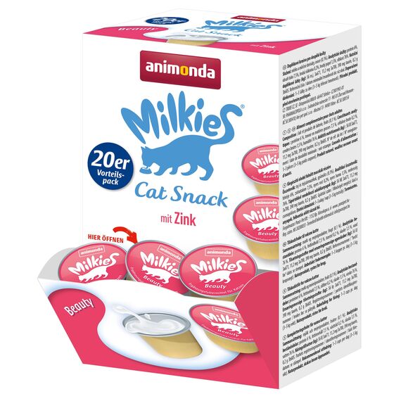 animonda Milkies Katzensnack mit Milch - Cups Beauty (20 Cups à 15 g), leicht verdauliche Katzenmilch für Erwachsene Katzen, Milch-Snack ohne Soja und Zucker