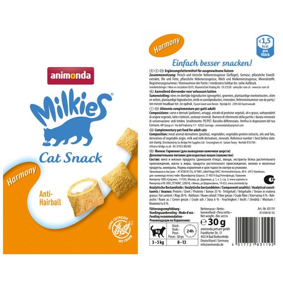 animonda Milkies Katzensnack mit Milch - Knusperkissen Harmony (12 x 30g), getreidefreie Katzenleckerli Milch Katzensnacks für Erwachsene Katzen
