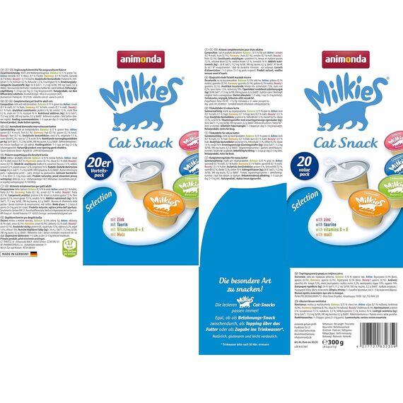 animonda Milkies Katzensnack mit Milch - Cups Selection Mixpack (20 Cups à 15 g), leicht verdauliche Katzenmilch für Erwachsene Katzen, Milch-Snack ohne Soja und Zucker