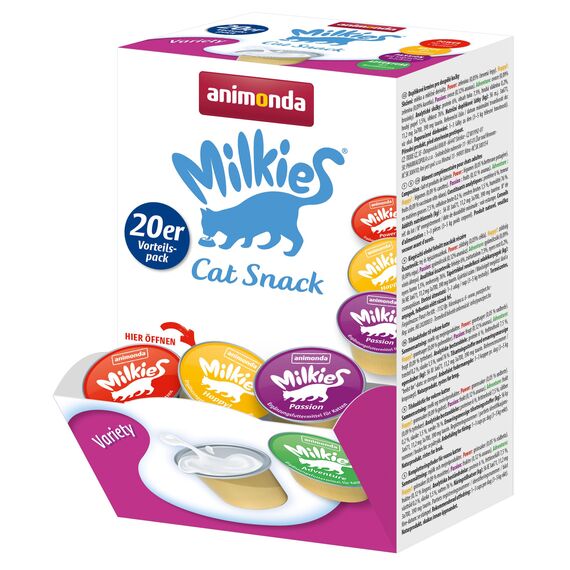 animonda Milkies Katzensnack mit Milch - Cups Variety Mixpack (20 Cups à 15 g), leicht verdauliche Katzenmilch für Erwachsene Katzen, Milch-Snack ohne Soja und Zucker