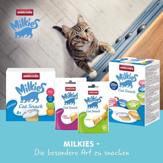 animonda Milkies Katzensnack mit Milch - Cups Selection Mixpack (20 Cups à 15 g), leicht verdauliche Katzenmilch für Erwachsene Katzen, Milch-Snack ohne Soja und Zucker
