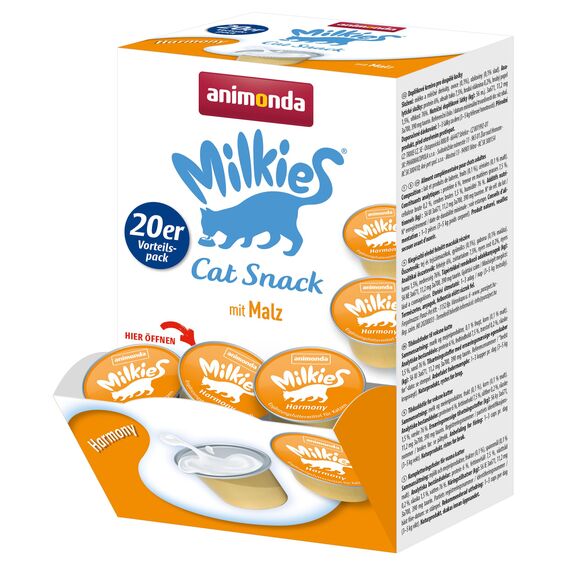 animonda Milkies Katzensnack mit Milch - Cups Harmony (20 Cups à 15 g), leicht verdauliche Katzenmilch für Erwachsene Katzen, Milch-Snack ohne Soja und Zucker