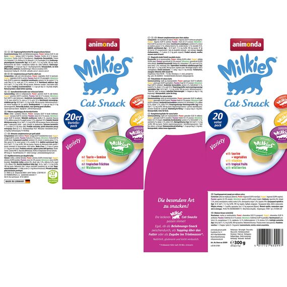 animonda Milkies Katzensnack mit Milch - Cups Variety Mixpack (20 Cups à 15 g), leicht verdauliche Katzenmilch für Erwachsene Katzen, Milch-Snack ohne Soja und Zucker