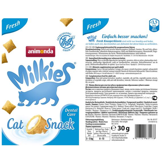 animonda Milkies Katzensnack mit Milch - Knusperkissen Fresh (12 x 30g), getreidefreie Katzenleckerli Milch Katzensnacks für Erwachsene Katzen