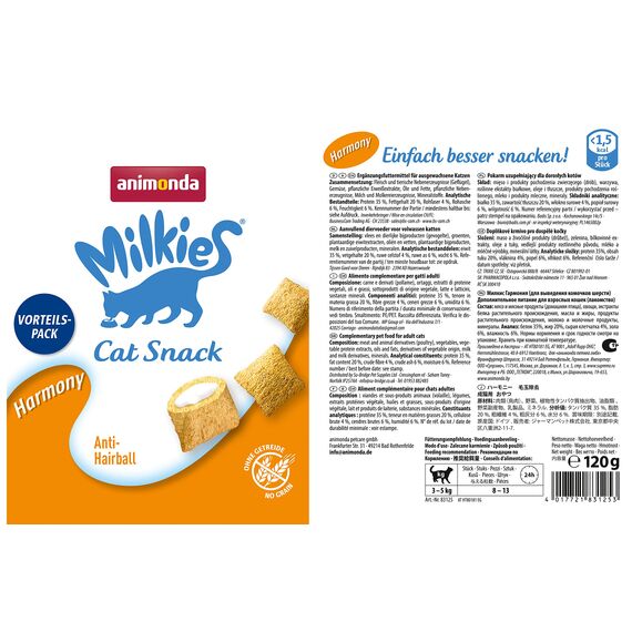 animonda Milkies Katzensnack mit Milch - Knusperkissen Harmony (6 x 120g), getreidefreie Katzenleckerli Milch Katzensnacks für Erwachsene Katzen