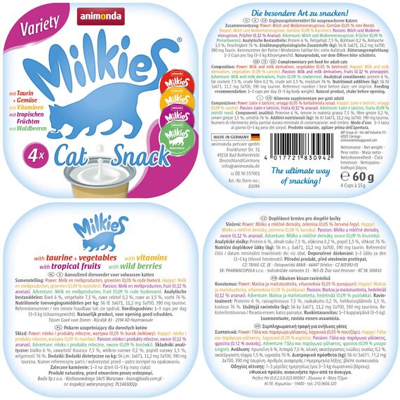 animonda Milkies Variety (15 x 4 Cups à 15 g), leicht verdauliche Katzenmilch für Erwachsene Katzen, praktisches Vorteilspack mit 60 Katzenmilch Cups, Milch-Snack ohne Soja und Zucker