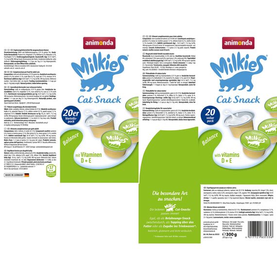 animonda Milkies Katzensnack mit Milch - Cups Balance (20 Cups à 15 g), leicht verdauliche Katzenmilch für Erwachsene Katzen, Milch-Snack ohne Soja und Zucker