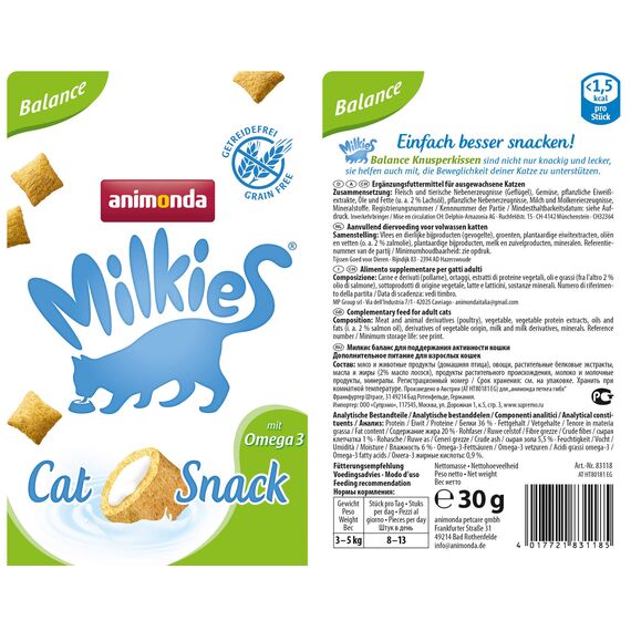 animonda Milkies Katzensnack mit Milch - Knusperkissen Balance (12 x 30g), getreidefreie Katzenleckerli Milch Katzensnacks für Erwachsene Katzen