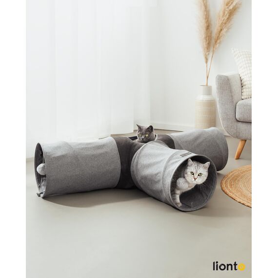 lionto 3-Wege Katzentunnel mit Spielball, 30x120x80 cm, Faltbarer erweiterbarer Spieltunnel aus pflegeleichtem Faux-Linen-Material für Katzen, Robustes Katzenspielzeug, 30 cm Durchmesser