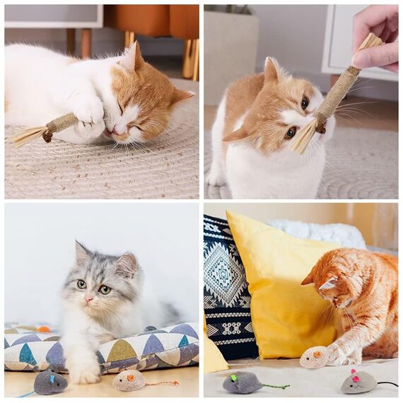 Adiwo Katzenspielzeug: 6 Mäuse + 2 Matatabi-Kaustäbchen, natürliche Zahnreinigung und Spaß