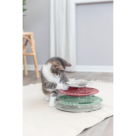 TRIXIE Catch the Balls Katzenspielzeug - drei Ebenen mit je einem Ball - regt zum Spielen an - grau/grün/rot - ø 25 × 13 cm - 41345