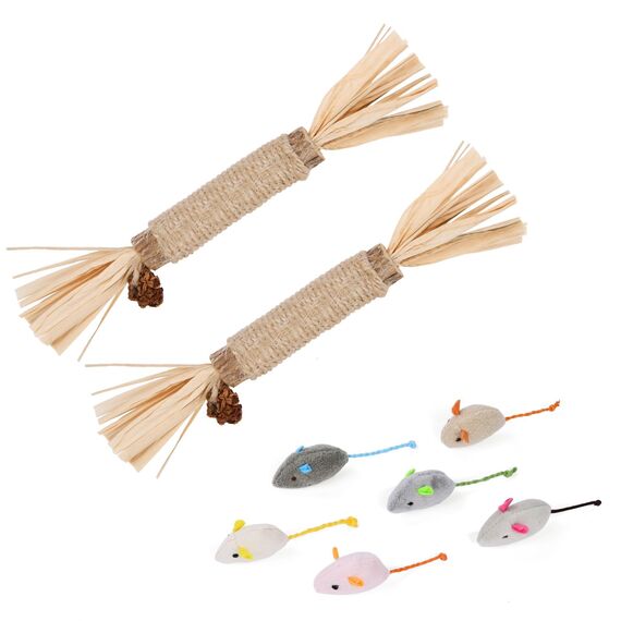 Adiwo Katzenspielzeug: 6 Mäuse + 2 Matatabi-Kaustäbchen, natürliche Zahnreinigung und Spaß
