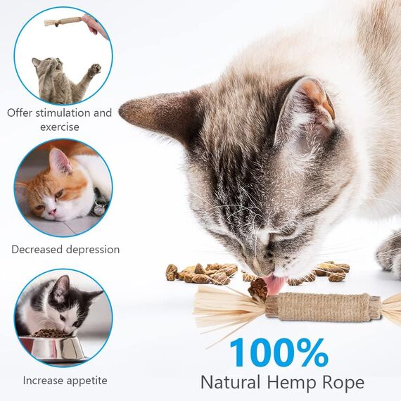 Adiwo Katzenspielzeug: 6 Mäuse + 2 Matatabi-Kaustäbchen, natürliche Zahnreinigung und Spaß