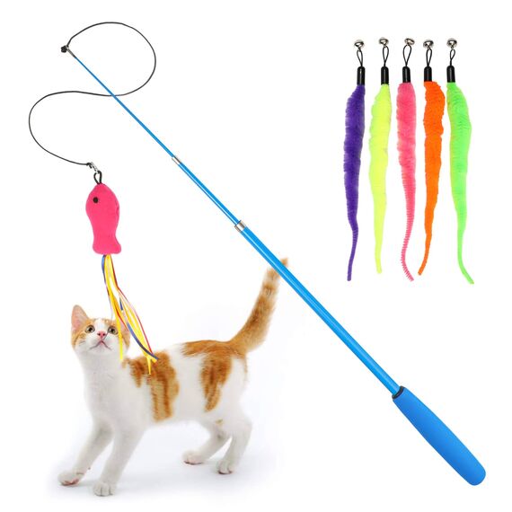 Toozey Katzenspielzeug 16 Stück, Katzen Spielzeug mit 2 STK versenkbare interaktive Katzenangel und 14 STK Feder/Bug/Fisch Ersatz mit Glocken, Bonus Aufbewahrungstasche