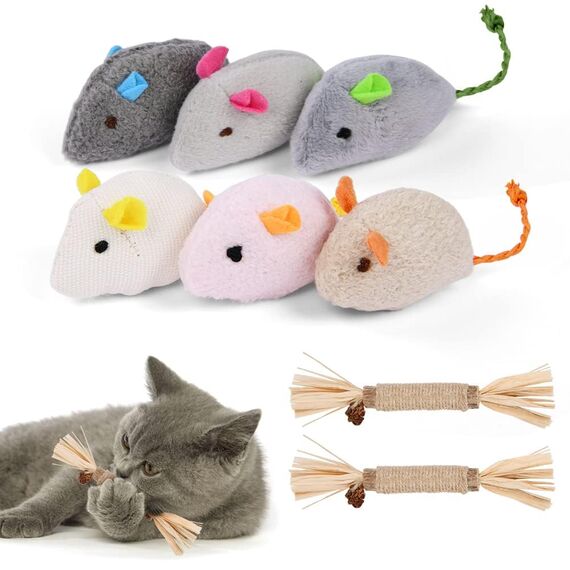 Adiwo Katzenspielzeug: 6 Mäuse + 2 Matatabi-Kaustäbchen, natürliche Zahnreinigung und Spaß