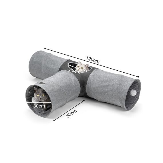 lionto 3-Wege Katzentunnel mit Spielball, 30x120x80 cm, Faltbarer erweiterbarer Spieltunnel aus pflegeleichtem Faux-Linen-Material für Katzen, Robustes Katzenspielzeug, 30 cm Durchmesser