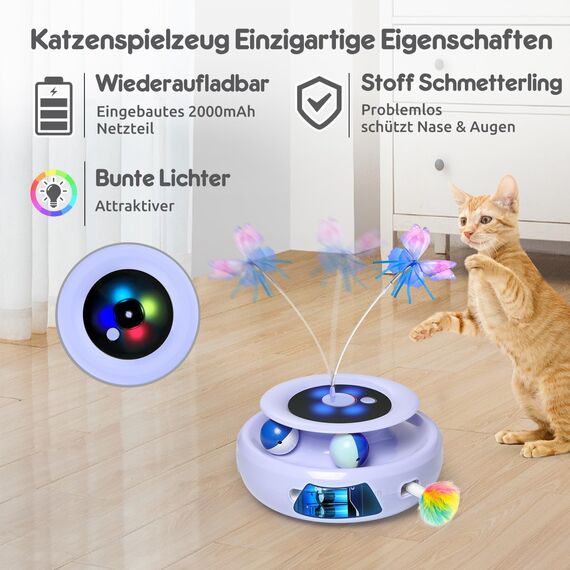 GoldenSun 3 in 1 Interaktives Katzenspielzeug, Elektrisch Automatischer Spielzeug für Katzen, Whack-A-Mole, Fluttering Butterfly, inklusive Ball, USB Wiederaufladbar Katzen Teaser mit 4 Aufsätzen