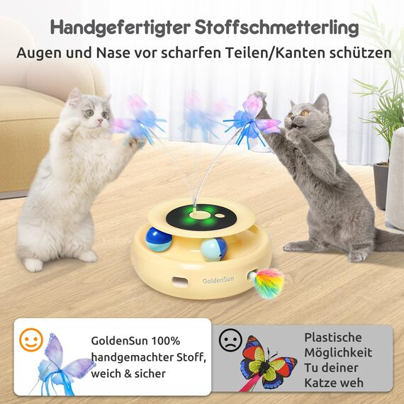 GoldenSun Interaktives Katzenspielzeug, 3 in 1 Elektrisch Automatischer Spielzeug für Katzen, Whack-A-Mole, Fluttering Butterfly, inklusive Ball, USB Wiederaufladbar Katzen Teaser mit 4 Aufsätzen