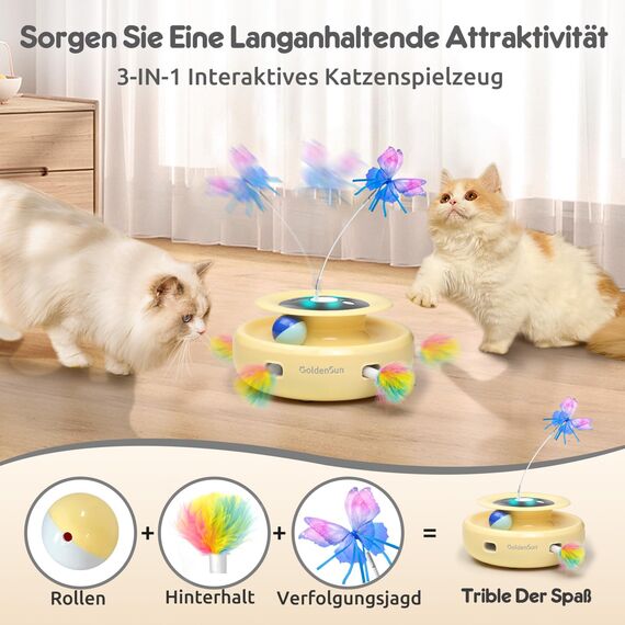 GoldenSun Interaktives Katzenspielzeug, 3 in 1 Elektrisch Automatischer Spielzeug für Katzen, Whack-A-Mole, Fluttering Butterfly, inklusive Ball, USB Wiederaufladbar Katzen Teaser mit 4 Aufsätzen