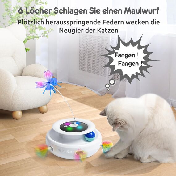 GoldenSun Katzenspielzeug, 3 in 1 Elektrisch Interaktives Automatischer Spielzeug für Katzen, Whack-A-Mole, Fluttering Butterfly, inklusive Ball, USB Wiederaufladbar Katzen Teaser mit 4 Aufsätzen