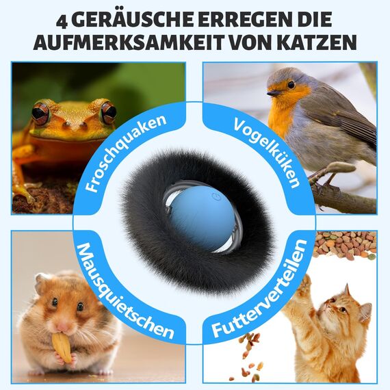 GoldenSun Katzenspielzeug, Bewegungs-Zwitscher-aktivierter Beweglicher Ball, Maus-Fangspiel Blau, 7-Loch-Versteckspiel für Katzen im Innenbereich, Schwarzes MIAU