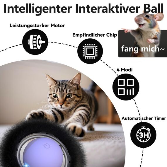 GoldenSun Katzenspielzeug, Automatischer, Schnell Rollender Ball im Beutel mit Fester Spule, Durch Bewegungszwitschern Aktivierter Beweglicher Ball, 7-Loch-Mausfangspiel