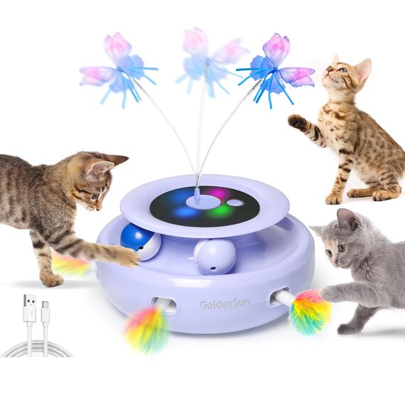 GoldenSun 3 in 1 Interaktives Katzenspielzeug, Elektrisch Automatischer Spielzeug für Katzen, Whack-A-Mole, Fluttering Butterfly, inklusive Ball, USB Wiederaufladbar Katzen Teaser mit 4 Aufsätzen