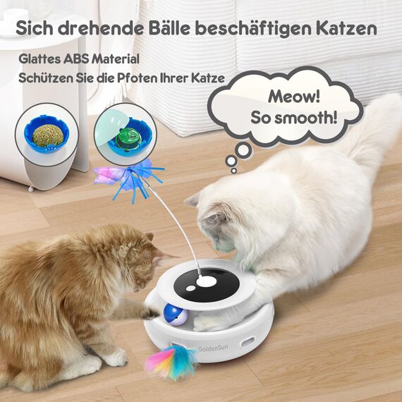 GoldenSun Katzenspielzeug, 3 in 1 Elektrisch Interaktives Automatischer Spielzeug für Katzen, Whack-A-Mole, Fluttering Butterfly, inklusive Ball, USB Wiederaufladbar Katzen Teaser mit 4 Aufsätzen