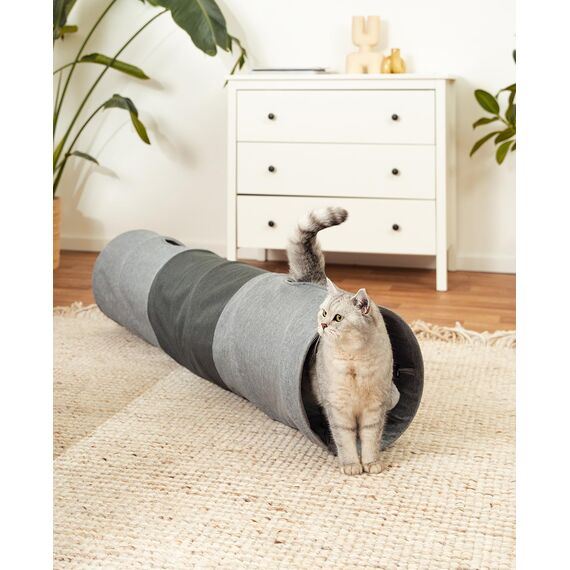 lionto Katzentunnel mit Spielball, 30x130 cm, Faltbarer erweiterbarer Spieltunnel aus pflegeleichtem Faux-Linen-Material für Katzen, Robustes Katzenspielzeug, 30 cm Durchmesser