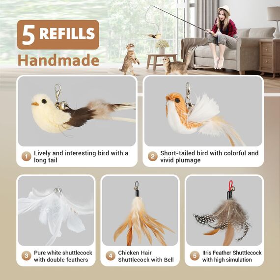 ROSAUI 2X Katzenangel lang, interaktives katzenspielzeug mit 2 Vogel und 3 Federn, Katzen Spielzeug für Kitten, cat Toys stabil 107cm