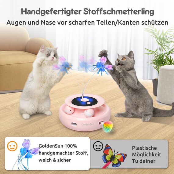 GoldenSun Katzenspielzeug, 3 in 1 Elektrisch Automatischer Spielzeug für Katzen, Interaktives Whack-A-Mole, Fluttering Butterfly, inklusive Ball, USB Wiederaufladbar Katzen Teaser mit 4 Aufsätzen