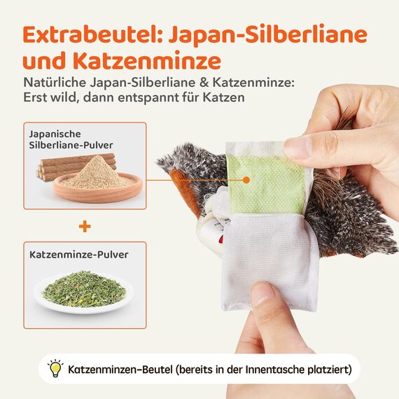 Potaroma Katzenspielzeug – Flatternder Spatz, realistische Zwitscherlaute, wiederaufladbar, berührungsaktiviert, interaktives Spielzeug mit Katzenminze für alle Katzenrassen, 10,2 cm