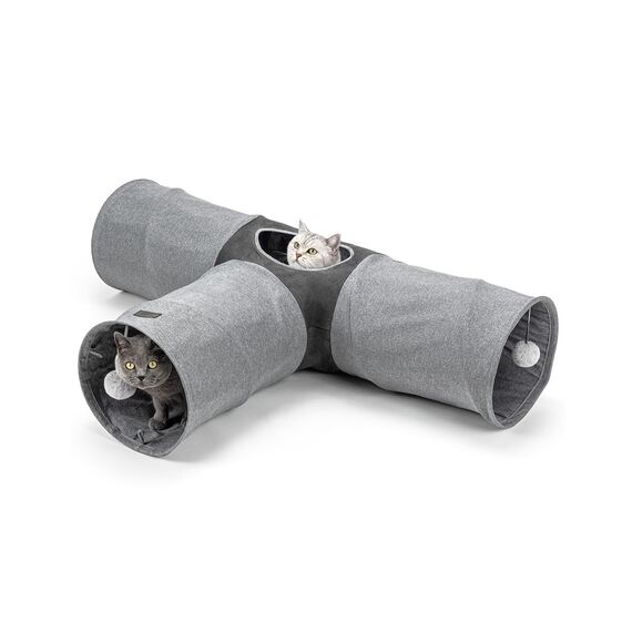 lionto 3-Wege Katzentunnel mit Spielball, 30x120x80 cm, Faltbarer erweiterbarer Spieltunnel aus pflegeleichtem Faux-Linen-Material für Katzen, Robustes Katzenspielzeug, 30 cm Durchmesser