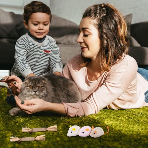 Adiwo Katzenspielzeug: 6 Mäuse + 2 Matatabi-Kaustäbchen, natürliche Zahnreinigung und Spaß