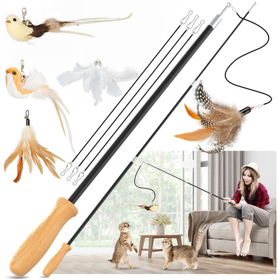 ROSAUI 2X Katzenangel lang, interaktives katzenspielzeug mit 2 Vogel und 3 Federn, Katzen Spielzeug für Kitten, cat Toys stabil 107cm