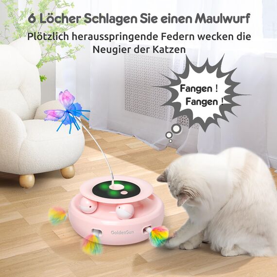 GoldenSun Katzenspielzeug, 3 in 1 Elektrisch Automatischer Spielzeug für Katzen, Interaktives Whack-A-Mole, Fluttering Butterfly, inklusive Ball, USB Wiederaufladbar Katzen Teaser mit 4 Aufsätzen