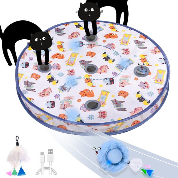 GoldenSun Katzenspielzeug, Bewegungs-Zwitscher-aktivierter Beweglicher Ball, Matten-Mäusefangspiel Blau, 5-Loch-Versteckspiel für Katzen im Innenbereich