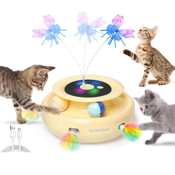 GoldenSun Interaktives Katzenspielzeug, 3 in 1 Elektrisch Automatischer Spielzeug für Katzen, Whack-A-Mole, Fluttering Butterfly, inklusive Ball, USB Wiederaufladbar Katzen Teaser mit 4 Aufsätzen