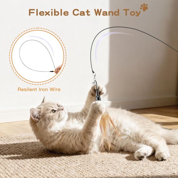 Pawaboo Katzenspielzeug - Interaktives Katzenangel Katze Spielzeug Katzen-Spielstab Katzenspielzeug-Stab mit Federn und 88cm Stab und Glocken für Kätzchen oder Katze, Braun Feder