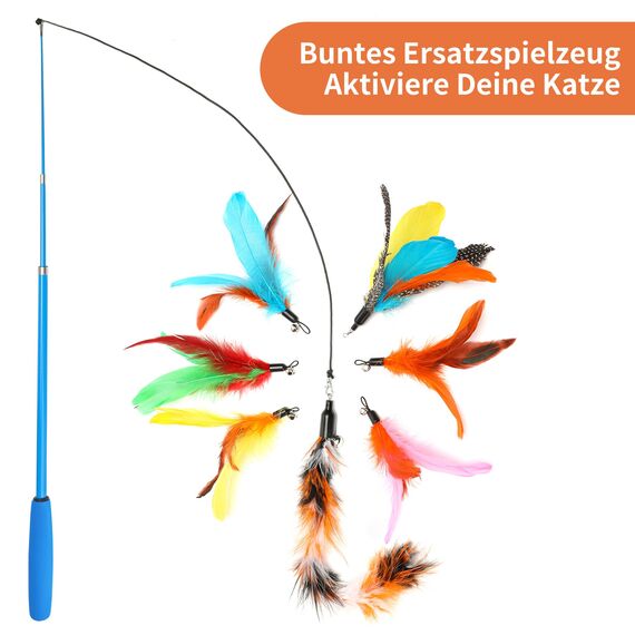 Toozey Katzenspielzeug 16 Stück, Katzen Spielzeug mit 2 STK versenkbare interaktive Katzenangel und 14 STK Feder/Bug/Fisch Ersatz mit Glocken, Bonus Aufbewahrungstasche