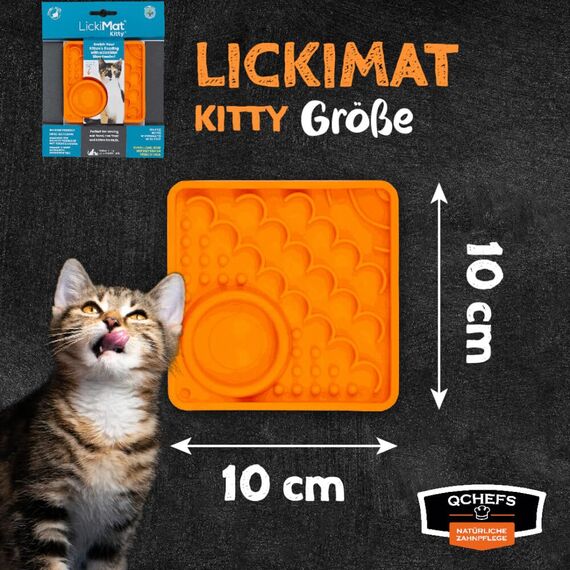 QCHEFS Schleckmatte Kitty mit ZahnputzKOHLE für Katzen zum Schlecken von der Futtermatte. Zahnpflege & Probiotik für Darm als Futter Topping mit der Lieblingsleckerei auf der Leckmatte bei Mundgeruch
