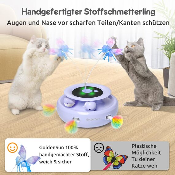 GoldenSun 3 in 1 Interaktives Katzenspielzeug, Elektrisch Automatischer Spielzeug für Katzen, Whack-A-Mole, Fluttering Butterfly, inklusive Ball, USB Wiederaufladbar Katzen Teaser mit 4 Aufsätzen