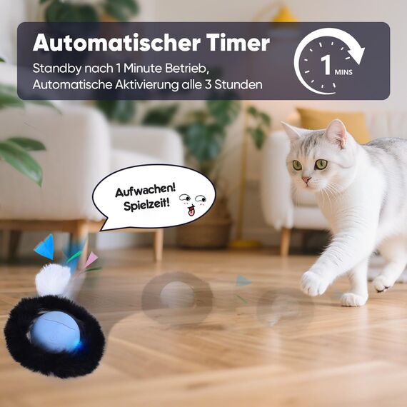GoldenSun Katzenspielzeug, Bewegungs-Zwitscher-aktivierte Bewegung, Einzelnes Katzenballspielzeug, Blau mit Schwarzem Gummiband und Einem Wollzubehör