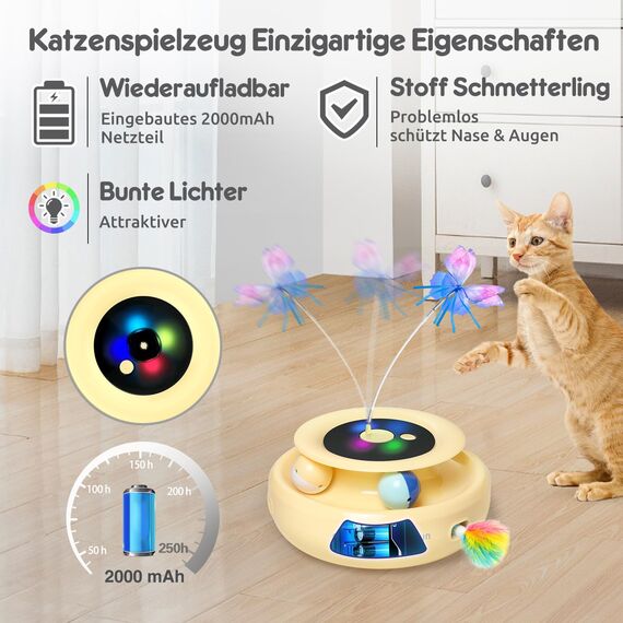 GoldenSun Interaktives Katzenspielzeug, 3 in 1 Elektrisch Automatischer Spielzeug für Katzen, Whack-A-Mole, Fluttering Butterfly, inklusive Ball, USB Wiederaufladbar Katzen Teaser mit 4 Aufsätzen