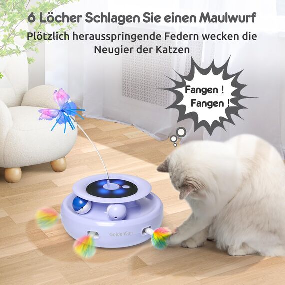 GoldenSun 3 in 1 Interaktives Katzenspielzeug, Elektrisch Automatischer Spielzeug für Katzen, Whack-A-Mole, Fluttering Butterfly, inklusive Ball, USB Wiederaufladbar Katzen Teaser mit 4 Aufsätzen