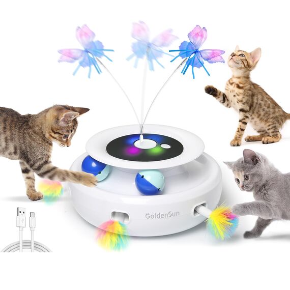 GoldenSun Katzenspielzeug, 3 in 1 Elektrisch Interaktives Automatischer Spielzeug für Katzen, Whack-A-Mole, Fluttering Butterfly, inklusive Ball, USB Wiederaufladbar Katzen Teaser mit 4 Aufsätzen